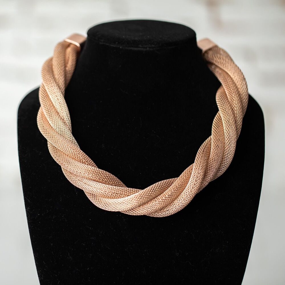 Rose Gold-Tone Twisted Mesh Choker Necklace Braided Flexible Jewelry Vintage